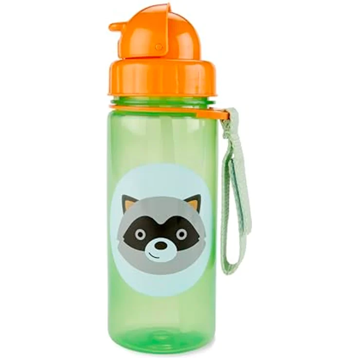 Skip Hop Zoo Strohhalmflasche - Waschbär, 384,5 ml, BPA frei, mit umklappbarem Strohhalm, spülmaschinenfest, praktische Schlaufe – Bild 1