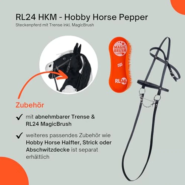 RL24 Hobby Horse Pepper, Steckenpferd aus Plüsch mit Holzstock und langer Mähne, schwarz/weiß, inkl. Trense und MagicBrush, ideal für Hobby Horsing – Bild 4