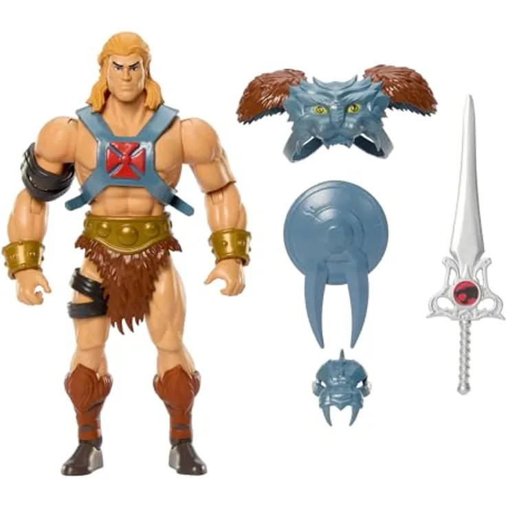 Masters of the Universe He-Man Origins & Thundercats, 14 cm große bewegliche Actionfigur mit abnehmbarer Rüstung, Schwert, Schild und Mini-Comic, JFW98