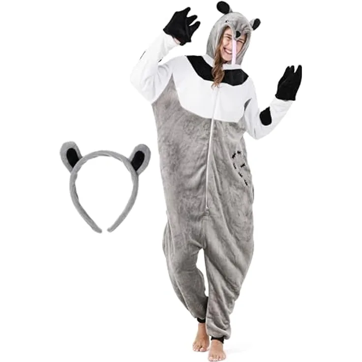 corimori Flauschiges Ameisenbär-Kostüm für Erwachsene mit Haarreif | Karneval Onesie für Damen, Herren | Körpergröße 180-190cm, super weich und kuschelig, mit praktischen Taschen | Braun