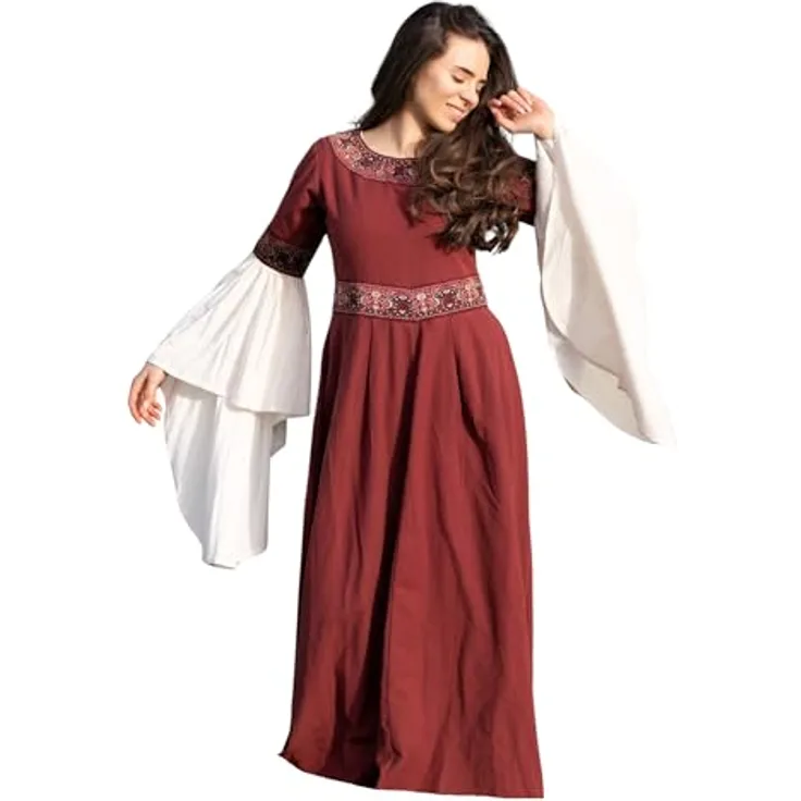 Leonardo Carbone® Damen Kleid Yala, Mittelalter Kostüm mit Stickerei und Schnürung, 100% Baumwolle, rot, Größe S