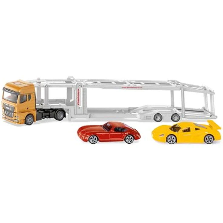 Siku 3944, MAN Autotransporter, 1:50, Inkl. 2 Spielzeug-Autos, Metall/Kunststoff, Orange/Silber, Abkoppelbarer Anhänger, Absenkbare Plattform – Bild 1