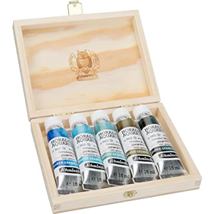 Schmincke HORADAM® AQUARELL Super Granulation Set Gletscher, 5 x 15 ml Tuben mit sehr stark granulierenden Farbtönen in Blau, Türkis, Grün, Braun und Schwarz im Holzkasten – Bild 2