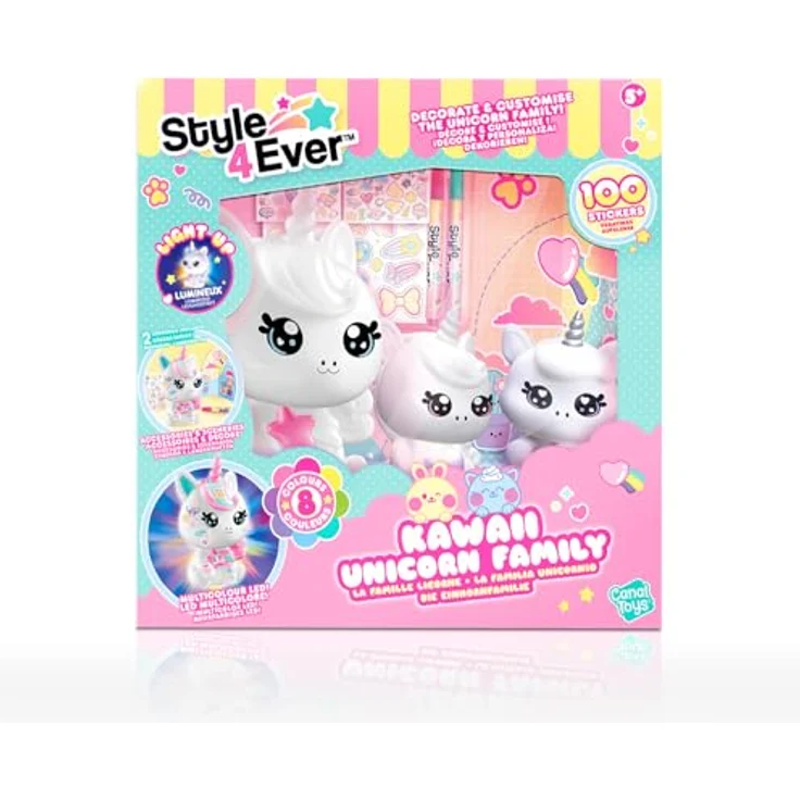 Canal Toys The Unicorn Family Light Up, Sammelfiguren mit leuchtender Einhorn-Mama und leuchtenden Baby-Einhörnern, 3 Stickerblätter, 2 Marker – Bild 2