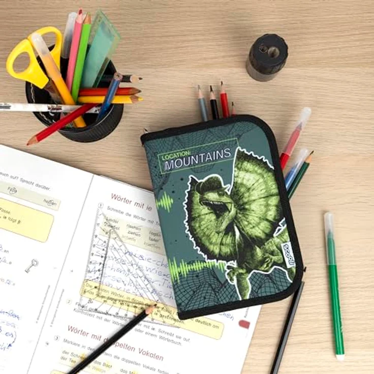 Scooli Jurassic World Gefülltes Schüleretui, Komplettes Etui mit 14 Buntstiften, 2 Bleistiften, Radierer und mehr - Praktisch für Jungen ab 6 Jahren – Bild 4