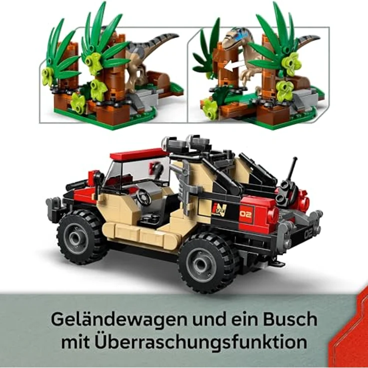 LEGO Jurassic World 76972, Raptor: Verfolgungsjagd mit Geländewagen, 285 Teile, ab 6 Jahre, mit Velociraptor und Minifiguren – Bild 3