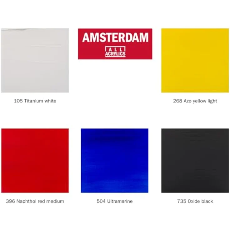 Amsterdam Standard Serie Acrylfarben Set, Farbtheorie Mischset mit 5 x 120 ml Tuben in Titanweiß, Azogelb hell, Naphtholrot mittel, Ultramarin und Oxidschwarz, mittlere Viskosität, seidenmatte Oberfläche – Bild 2