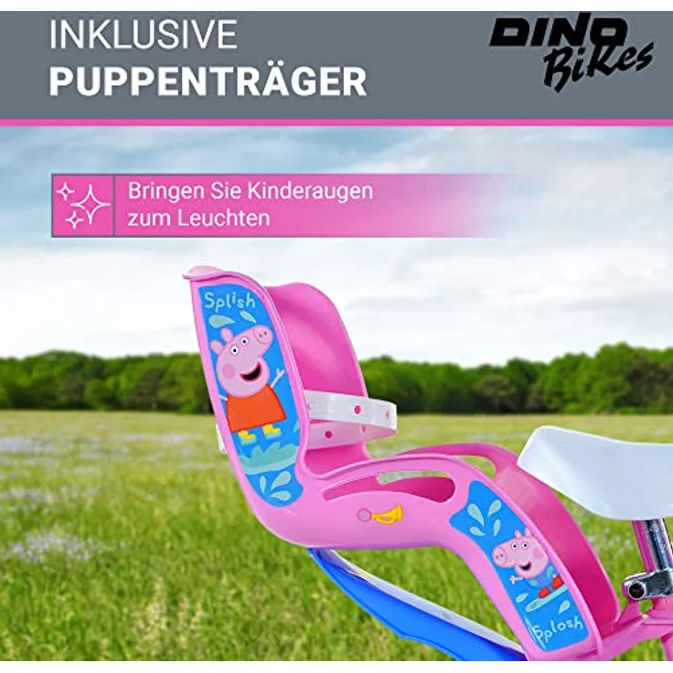Dinobikes Kinderfahrrad Peppa Wutz Pig 12 Zoll - Mädchen Fahrrad mit abnehmbaren Stützrädern & Puppenträger - verstellbare Sattel- & Lenkerhöhe (Pink) – Bild 3