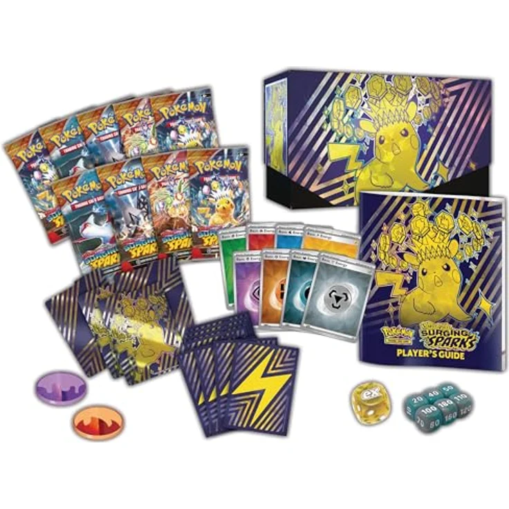 The Pokemon Company Pokemon Surging Sparks Elite Trainer Box, 9 Booster-Packs, 1 Full-Art Premium-Promo-Karte, 65 Kartenhüllen, 45 Energiekarten, Spielerleitfaden, Schadenszählerwürfel und Münzwurf-Marker – Bild 5