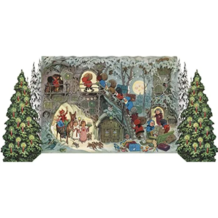 Korsch Adventskalender "Zwergleins Weihnacht", nostalgischer Falt-Adventskalender mit Silberglimmer, konturgestanzte Tannenbäume zum Aufstellen – Bild 2