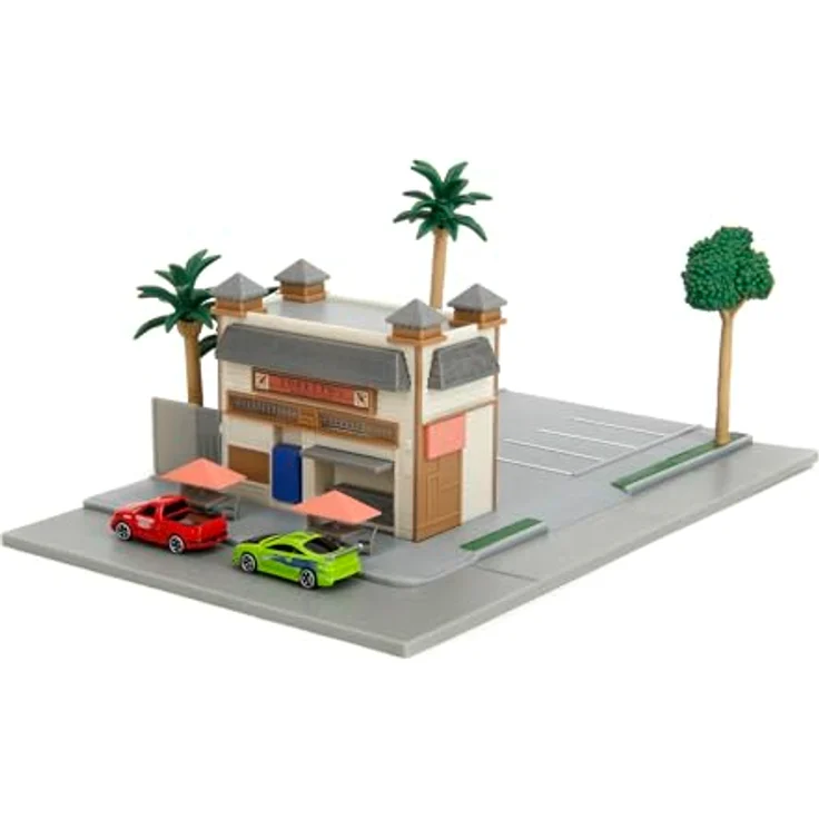 Jada Toys Fast and Furious Toretto's Market & Cafe, Nano-Diorama 18x13 cm inkl. 2 Metall-Modellautos (Mitsubishi Eclipse grün & Ford F-150 SVT Lightning rot) für Fanartikel ab 8 Jahren – Bild 3