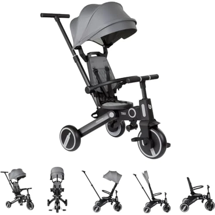 Kikkaboo Tricycle Trix 3 in 1, Dreirad mit Schiebegriff, faltbarem Sonnendach und 360 Grad drehbarem Sitz, grau – Bild 2