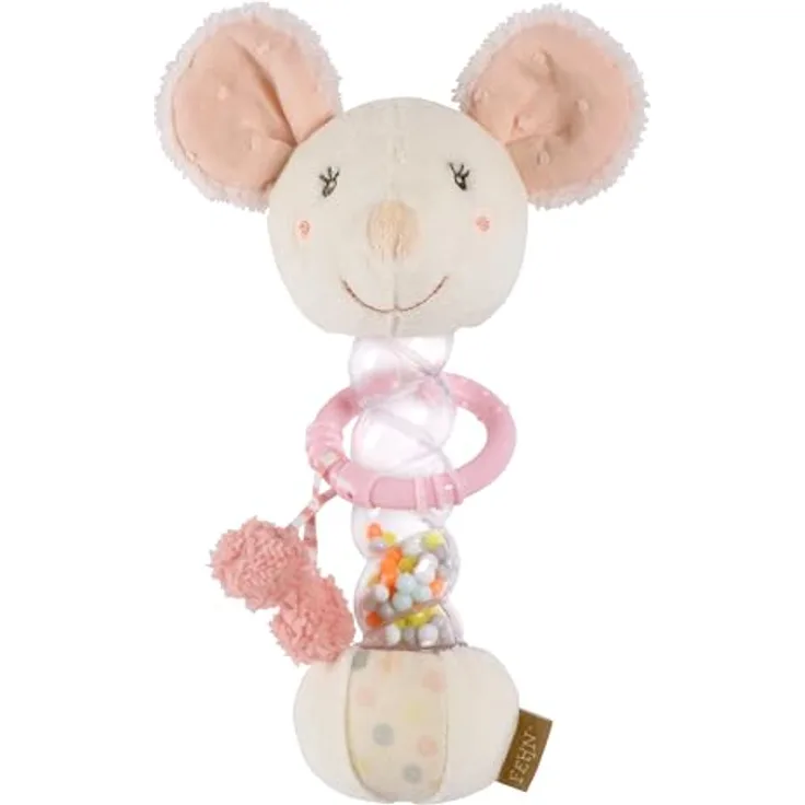 Fehn feehnLAND Regenmacher Maus, Greifspielzeug mit Rasselstab und „Glow-in-the-dark“ Bestickung, rosa