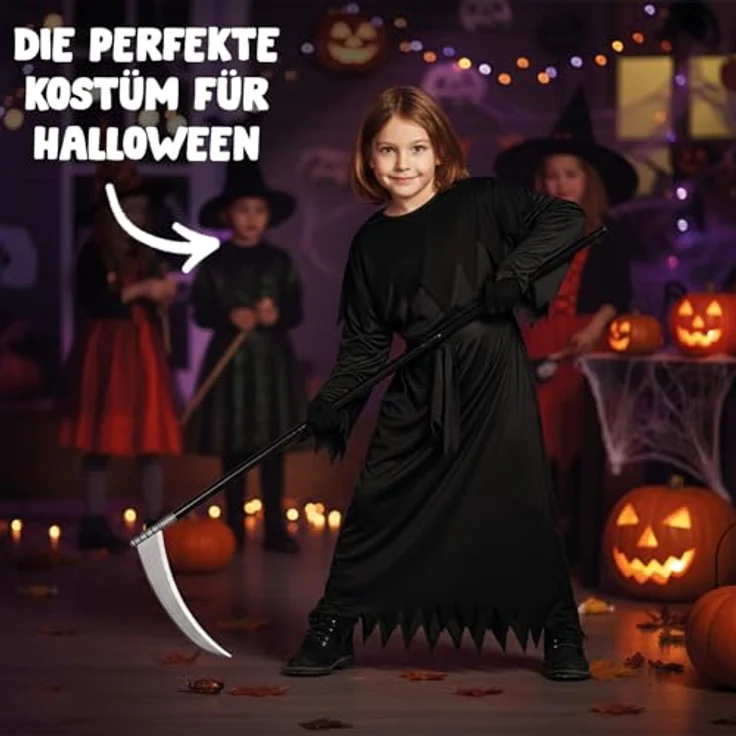 OriginalCup® Sensenmann Kostüm für Kinder, inkl. Vollkapuze, Kleid, Sense, Leuchtbrille, Handschuhe, Größe 100-130 cm, ideal für Halloween-Cosplay – Bild 5
