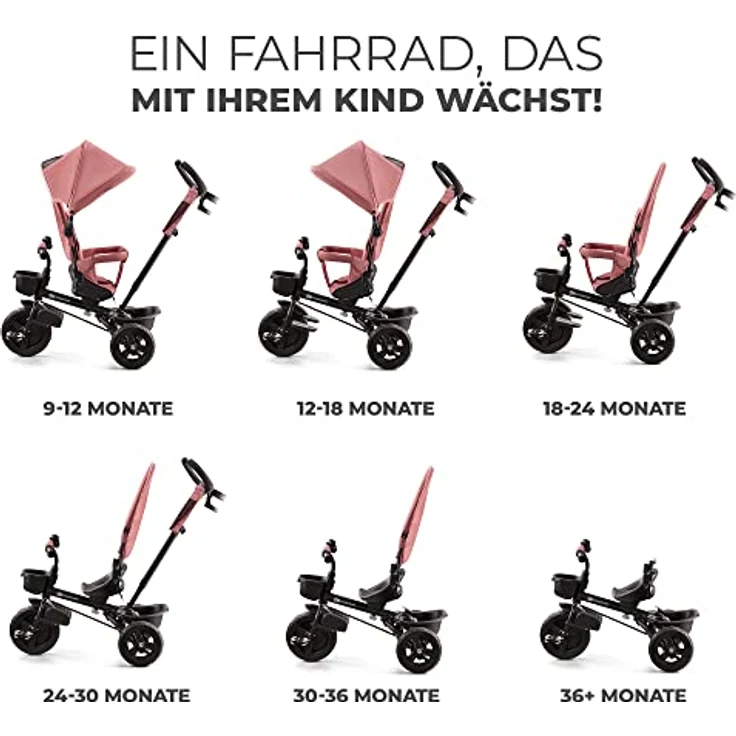 kk Kinderkraft Kinderkraft AVEO Dreirad ab 9 Monate bis 25 kg, Kinderdreirad mit schubstange, Kompakte zusammenklappen, drehbarer Sitz, ausklappbarem Verdeck mit sonnenschutz, Getränkehalter korb im set, Rosa – Bild 2