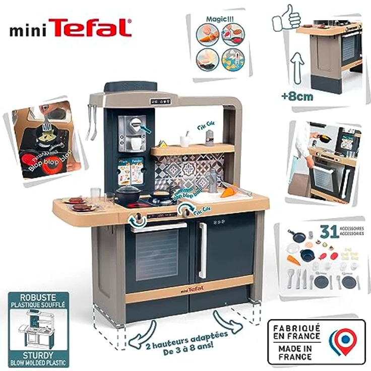 Smoby Tefal Evo Küche, mitwachsende Kinderküche mit Spüle, Herd, Essecke, Wasserhahn und magischer Pancake-Pfanne, viel Zubehör, höhenverstellbar von 50 auf 58 cm – Bild 5