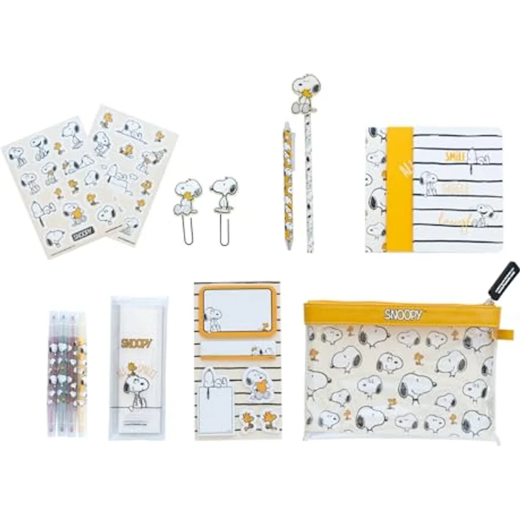 Grupo Erik Peanuts Snoopy Schreibwaren Set, Kugelschreiber mit 3D Snoopy Figur, Bleistift mit Radiergummi, Großes Federmäppchen, 4 Doppelkopf Pastell Textmarker in Dunkel Grün, Hell Grün, Gelb und Rosa, Notizzettel Klebend – Bild 1