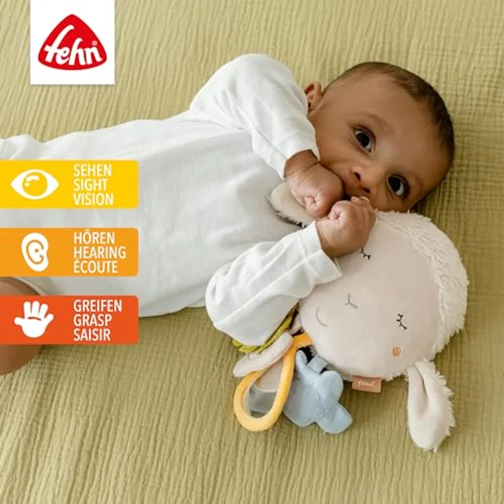 Fehn Greifspielzeug fehnNATUR, Activity-Schaf mit Geräuschen und Anhängern aus Bio-Baumwolle, zur Befestigung an Kinderwagen, Babyschale oder Bett – Bild 3