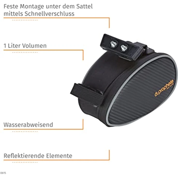 Prophete Fahrradtasche, Sattelpacktasche, 1,6 Liter Volumen, Montage unter dem Sattel, wasserabweisend, Breite 17 x Höhe 11 x Tiefe 10 cm, schwarz – Bild 4