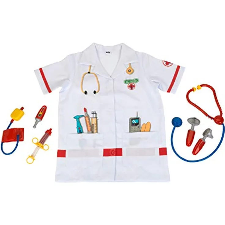 Theo Klein 4312 Arztkostüm, Arztkittel in Einheitsgröße mit Blutdruckmessgerät, Stethoskop und Spritze, Länge ca. 55 cm für Kinder von 3 bis 6 Jahren