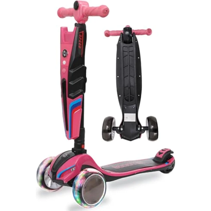 Habib Gruppe Kinderroller LED Leuchträder, 3 Rad Tretroller, klappbar, höhenverstellbar (65-95 cm), bis 50 kg, pink, für Mädchen & Jungen, 3-12 Jahre – Bild 1