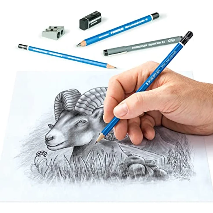 STAEDTLER Zeichen Set, Komplett-Set mit 4 Premium Bleistiften, 3 Premium Jumbo-Bleistiften, 3 schwarzen Finelinern, 1 Radierer, 1 Doppel-Spitzer und Step-by-Step Anleitungen, 61 100 – Bild 3