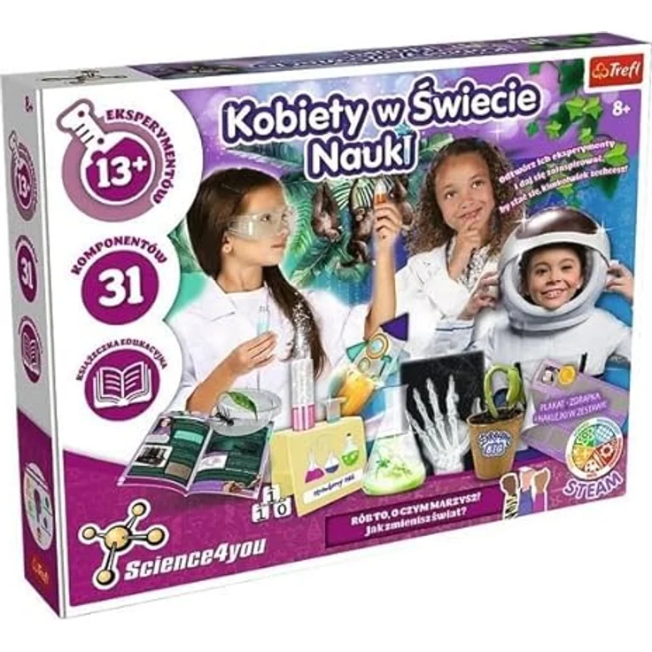 Trefl Science4you - Frauen in der Welt der Wissenschaft - Experimentierkasten mit 13 Experimenten, Lernbuch und 31 Komponenten, kreative STEAM-Erlebnisse für Kinder ab 8 Jahren