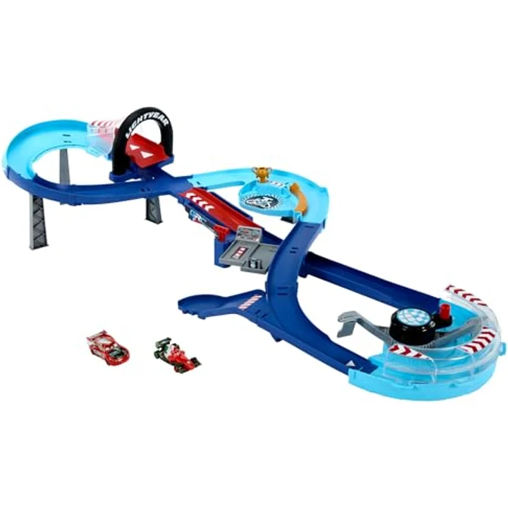 Mattel Disney und Pixar Cars GRC Sprung-Rennstrecke Trackset mit 2 Spielzeugautos, Lightning McQueen und Francesco Bernoulli, manuellem Beschleuniger, HXJ32 – Bild 1