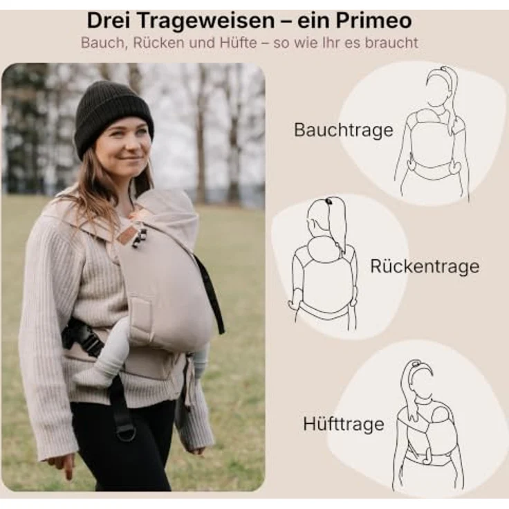 Hoppediz Babytrage Primeo, Vollschnallentrage ab Geburt (2,5 kg), Bauch- und Rückentrage aus 100 % Bio-Baumwolle, querelastischer Tragetuchstoff – Bild 2