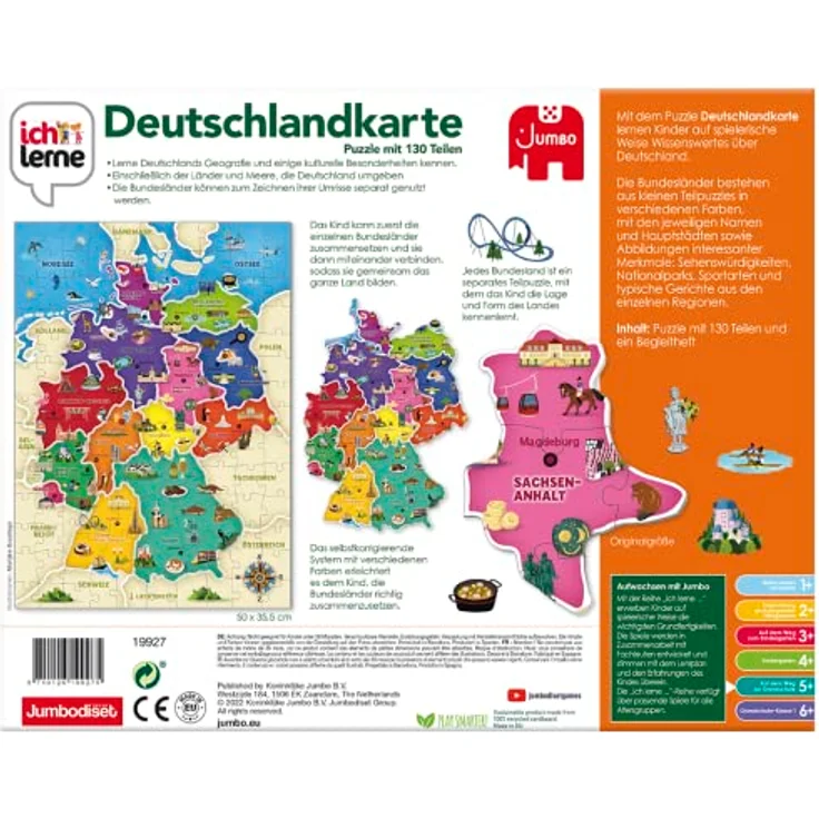 Jumbo Spiele 19927 Ich lerne Deutschlandkarte, Puzzle mit 130 Teilen und Begleitheft, 50x35,5cm Größe, recycelter Karton – Bild 7
