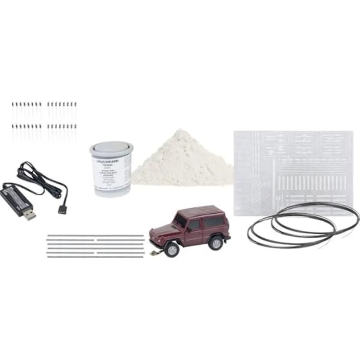 Faller 161449 Car System H0 Start-Set, Modellfahrzeuge mit rotem Mercedes-Benz G-Klasse SUV und Zubehör