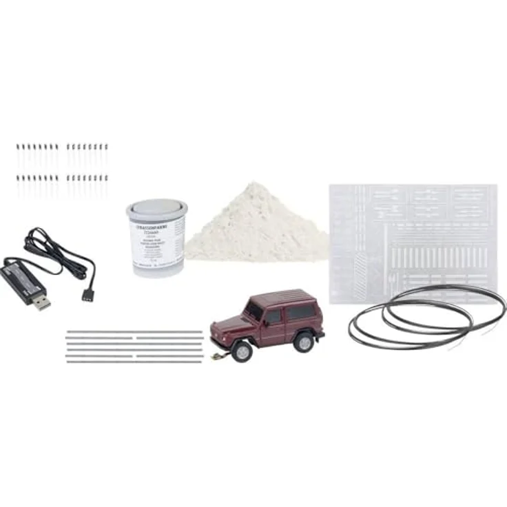 Faller 161449 Car System H0 Start-Set, Modellfahrzeuge mit rotem Mercedes-Benz G-Klasse SUV und Zubehör