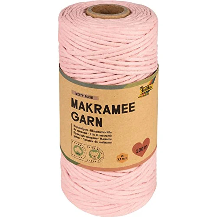 folia 24994 - Makramee Garn Misty Rose, 100 % Baumwolle, 100 m gedrehtes Garn in Altrosa, Durchmesser 3,5 mm, zum Basteln und Knüpfen