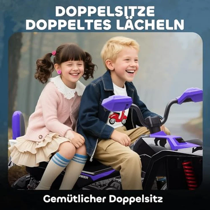 AIYAPLAY 24V Elektro Quad für Kinder, 2-Sitzer mit Vorwärts- & Rückwärtsfunktion, gefederte Räder, Scheinwerfer, USB- & MP3-Anschluss, 4-6,5 km/h, für 3-8 Jahre, Lila – Bild 4