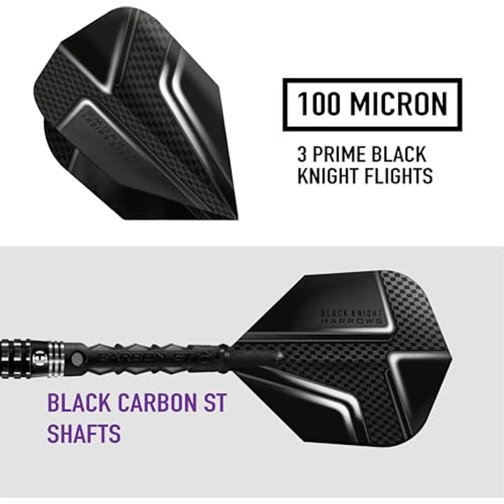 Harrows Black Knight Darts-Set, 90% Wolfram, 22g-25g, inklusive Black Carbon ST Midi-Schäfte und Micron Black Knight Flights (24g) – Bild 4