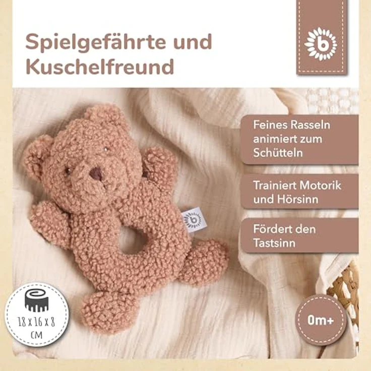 Bieco Kuscheltier Bär Mika mit Rassel, Teddybär aus Bouclé für Babys, niedliches Tierdesign, ab 0 Monate – Bild 2