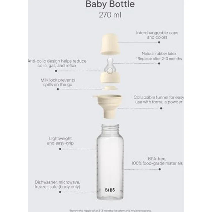 BIBS Babyflasche 270 ml, Silikonsauger, Anti-Kolik, BPA-frei, mittlerer Fluss, leicht zu reinigen, ab 0 Jahren - Ivory – Bild 2
