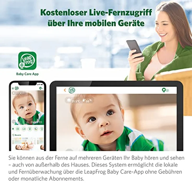 LeapFrog LF815HD smartes Video-Babyphone mit 5-Zoll HD-Farbdisplay, WLAN, Temperatur/Feuchtigkeitssensor, Weitwinkelobjektiv, farbiges Nachtlicht, 8-Fach Zoom, App-Funktion, Wandmontage, Weiss – Bild 3