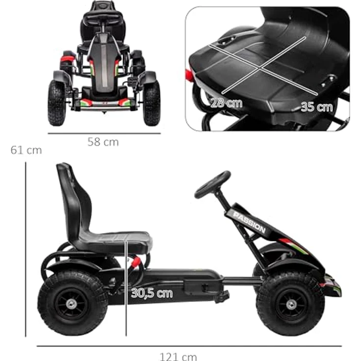 HOMCOM Go-Kart Tretauto, Kinderfahrzeug mit Handbremsen und verstellbarem Sitz, Schwarz, 121 x 58 x 61 cm – Bild 5