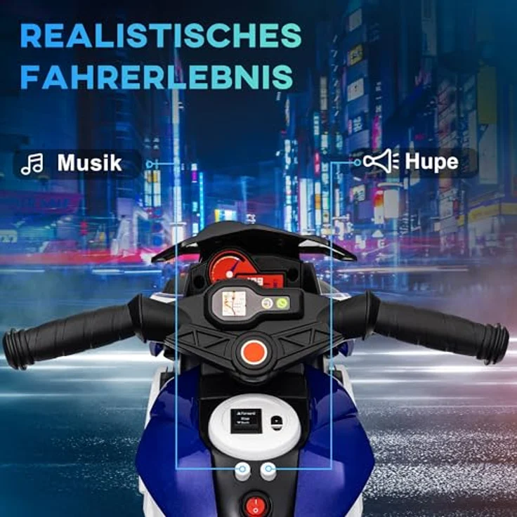 HOMCOM Elektro Kindermotorrad, Elektromotorrad mit Musik und Scheinwerfer, 3 km/h, für Kinder 3-5 Jahre, max. 25 kg, Blau+Weiß – Bild 3