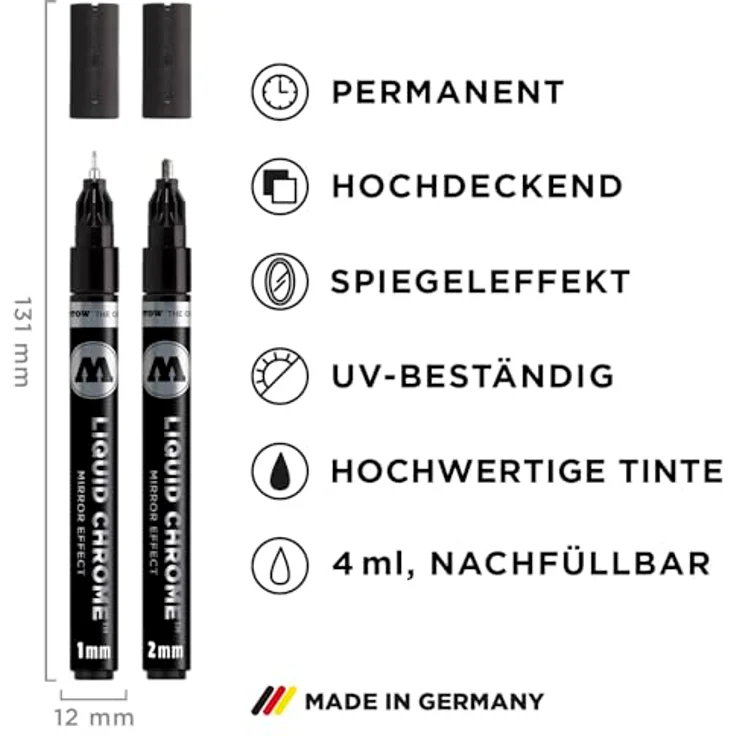 Molotow Liquid Chrome Marker 2er Set (Strichbreiten 1,0 und 2,0mm, Spezialtinte mit echtem Spiegeleffekt für Modellbau, Graffiti & Hobby) chrom – Bild 3