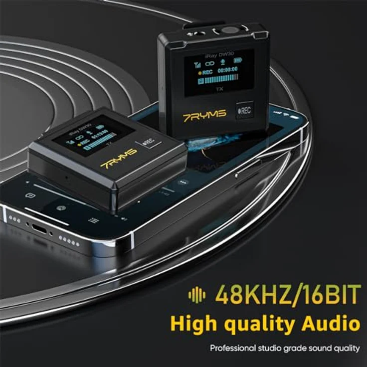 7RYMS DW30 Kabelloses Lavalier-Mikrofon – 16 GB interne Aufnahme, Lav-Mikrofoneingang, USB-C-Ausgang, 2,4 GHz kabelloses Mikrofon für Kamera, Telefon, PC – ideal für Vlogging, Live-Streaming und – Bild 3