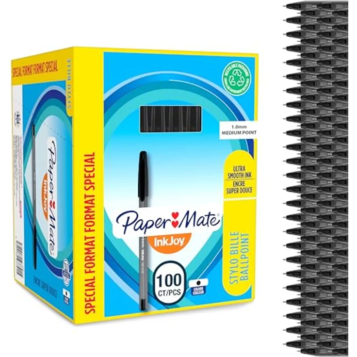 Paper Mate InkJoy 100 Kugelschreiber, Value Pack mit 100 Stück, schwarz, transparentes Gehäuse, dreikantige Form für besseren Komfort – Bild 1