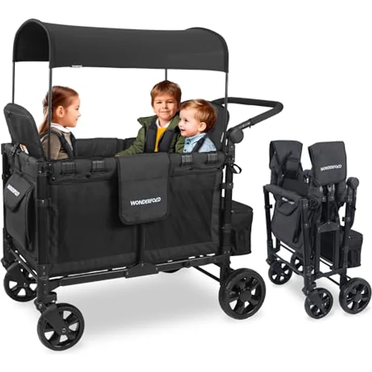 WONDERFOLD W4 Elite Quad Stroller Wagon, Volcanic Black - 4 Face-to-Face Seats, 5-Point Harnesses, Adjustable Push Handle, Removable UV-Protection Canopy
