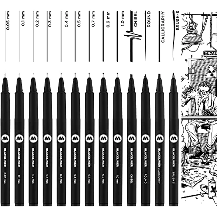 Molotow Blackliner Permanent Komplettset, 13-teilig in Schwarz mit verschiedenen Spitzentypen und Strichstärken für Handlettering und Kalligrafie – Bild 1