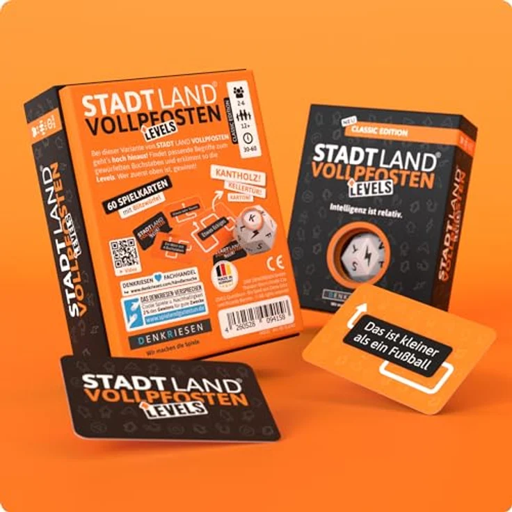 DENKRIESEN - Stadt Land Vollpfosten® Levels – Classic Edition - Inteligenz ist relativ | 60 Karten | Blitzwürfel | Ab 12 Jahren | 30-60min | 2-6 Spieler | Familie | Reisespiel | Stadt Land Fluss – Bild 5