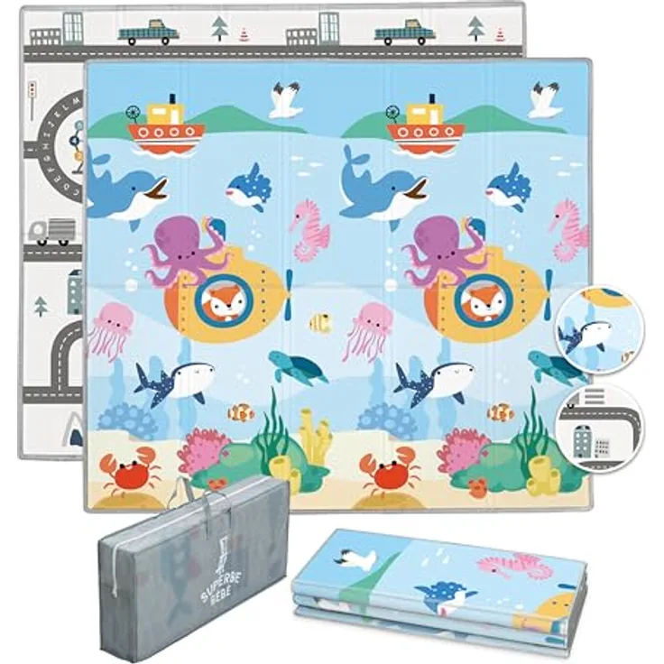 SUPERBE BEBE Krabbelmatte Faltbar 150x180x1cm, Ökologisch, Rutschfest, Umkehrbar mit Buchstaben und Zahlen, Wasserdicht – Spielmatte für Baby und Kleinkinder, ideal für drinnen und draußen