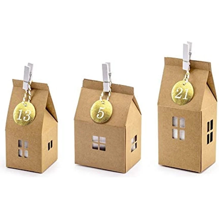 PartyDeco Adventskalender Häuser mischen Weihnachten Party Familientreffen, 3 Muster von Papierhäusern, 24-teilig, goldene Papierbügel – Bild 3