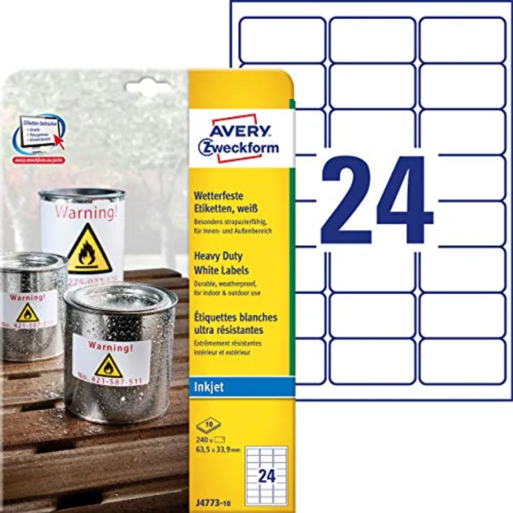AVERY Zweckform J4773-10 Wetterfeste Folienetiketten 240 Stück, weiß, 63,5x33,9 mm, extrem stark selbstklebend, bedruckbare Outdoor Klebefolie