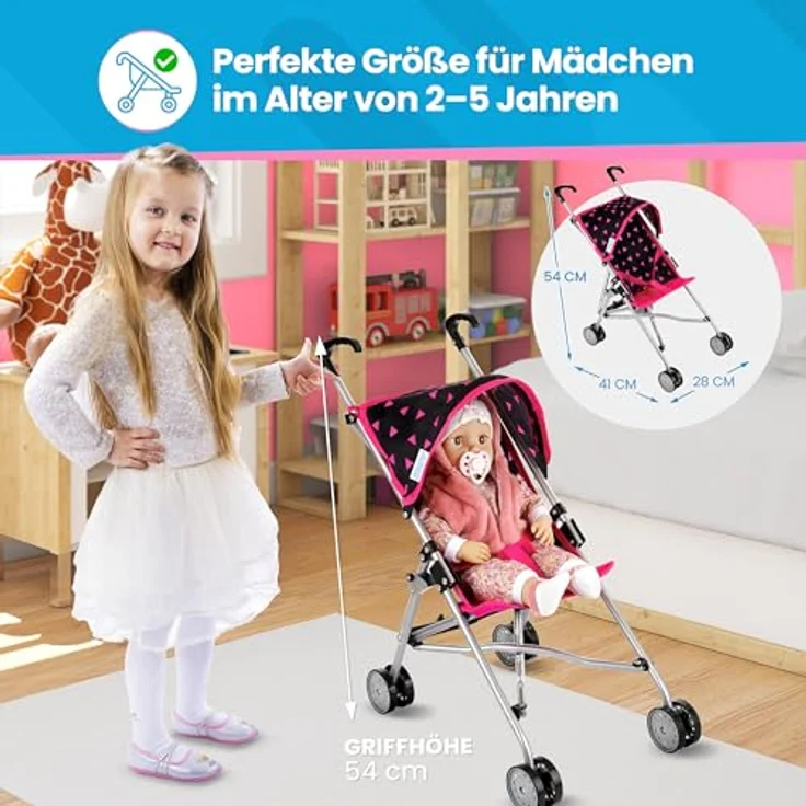 Kinderplay Puppenbuggy, Puppenwagen, Puppen Buggy - Leichte Stabile Konstruktion, Griffhöhe 54 cm, Modell KP0290 (KP0290R) – Bild 3